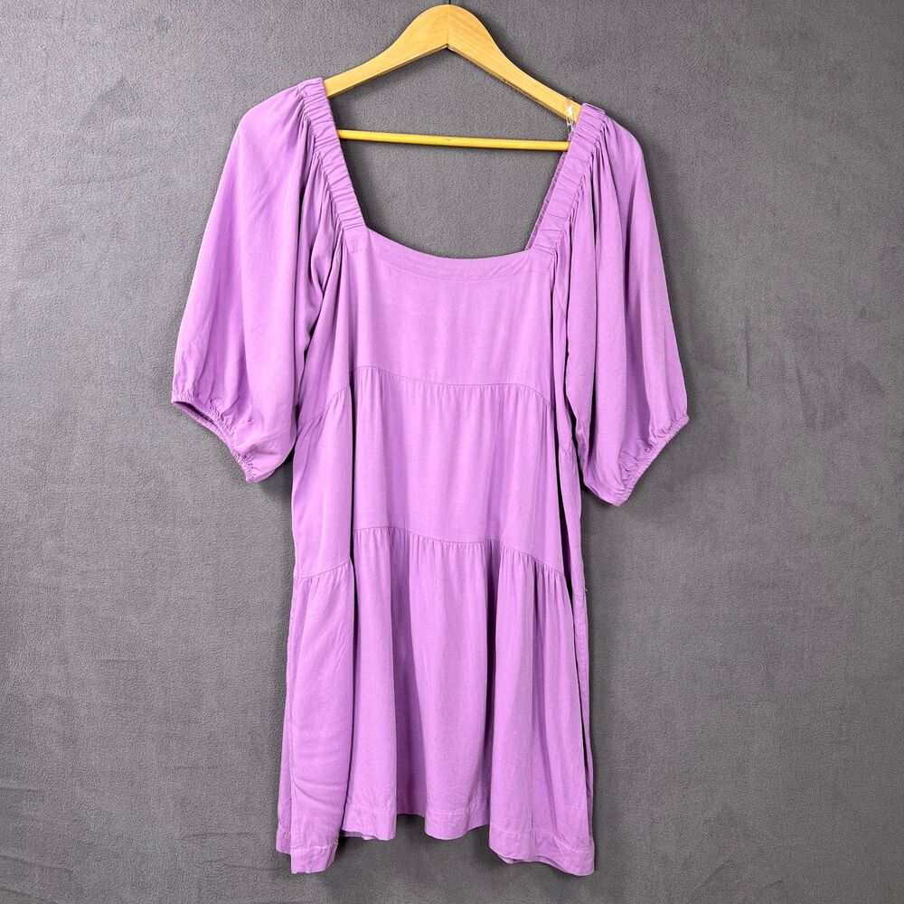 Shinestar Purple Tiered Babydoll Dress Women's Large Rayon Puff Sleeve Boho